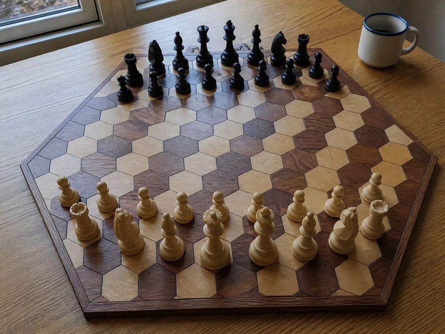 Gliński hexagonal chess opening on 91 cells, with White at the near side and three bishops on three hex colours
