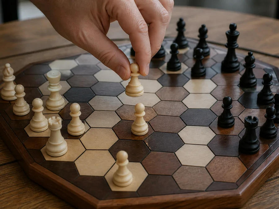 Hexagonal chess AI play with difficulty settings, hints, undo, and replay