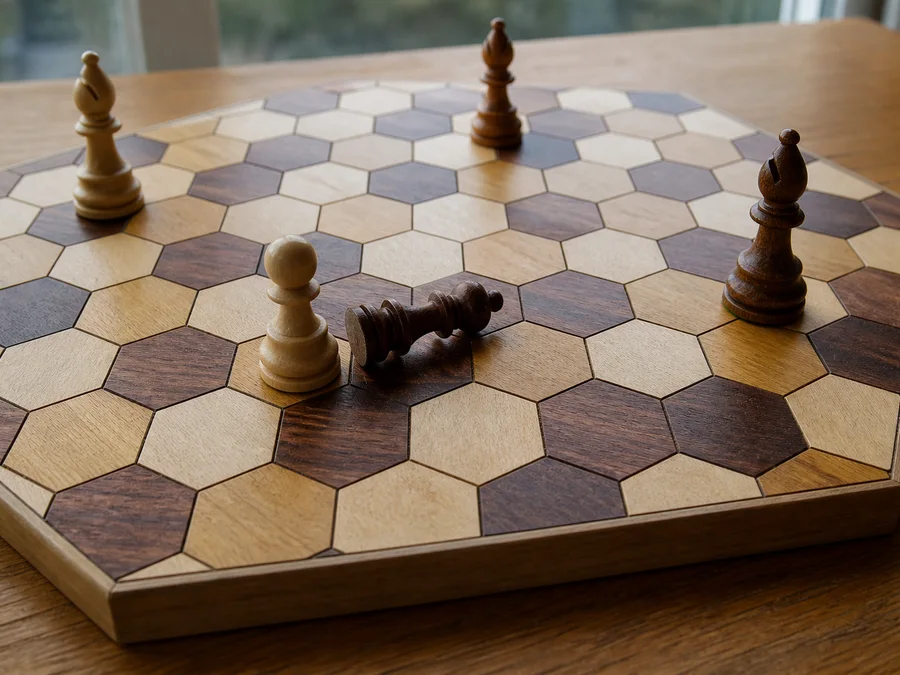 A hexagonal chess pawn advancing vertically and capturing on a 60-degree diagonal
