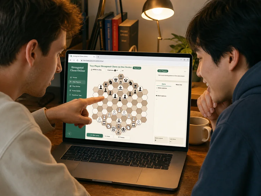 Two players discussing a pawn capture and bishop colour on a hexagonal chess board